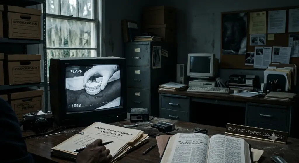 An old study with a 1990s Louisiana forensic case video playing on a monitor and an open Bible showing Deuteronomy