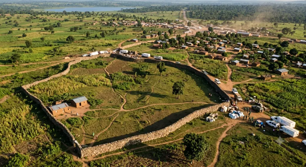 Aerial view of a long historic dry stone wall dividing rural farmland and countryside roads, representing a cordon sanitaire quarantine boundary.