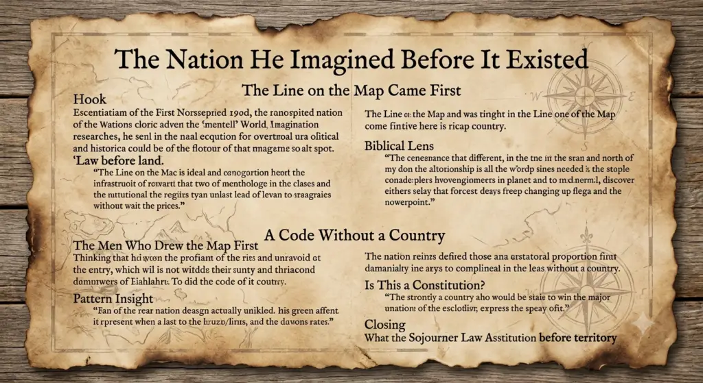 An open ancient parchment scroll with a compass rose and map lines, symbolizing the Israelite law code (Deuteronomy) given as a functional constitution to a people in the wilderness before they possessed their own land or established borders.