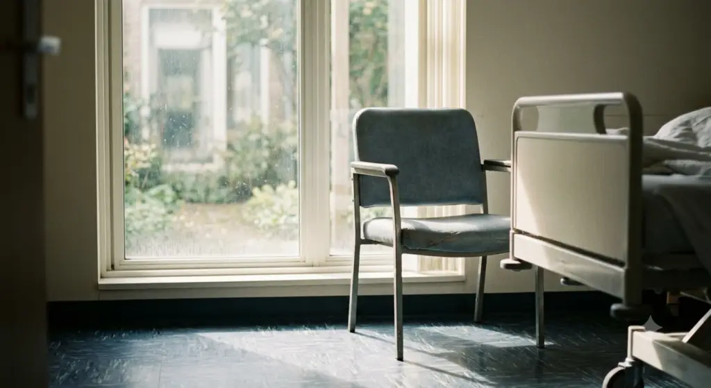 An empty chair by a hospital bed illuminated by soft window light, representing caregiver isolation and faith