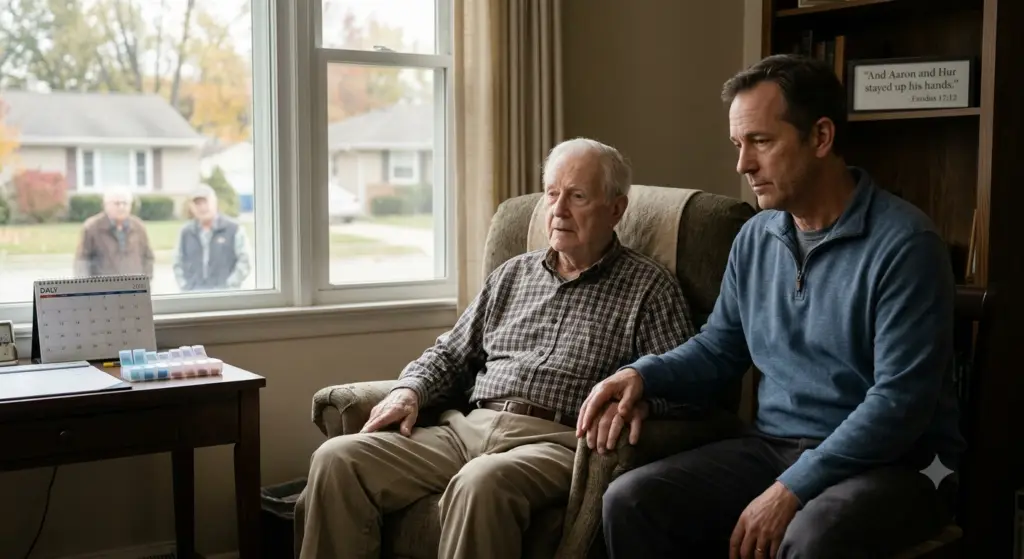 A weary middle-aged son holding his aging father's hand in a living room, illustrating caregiver isolation and family support.