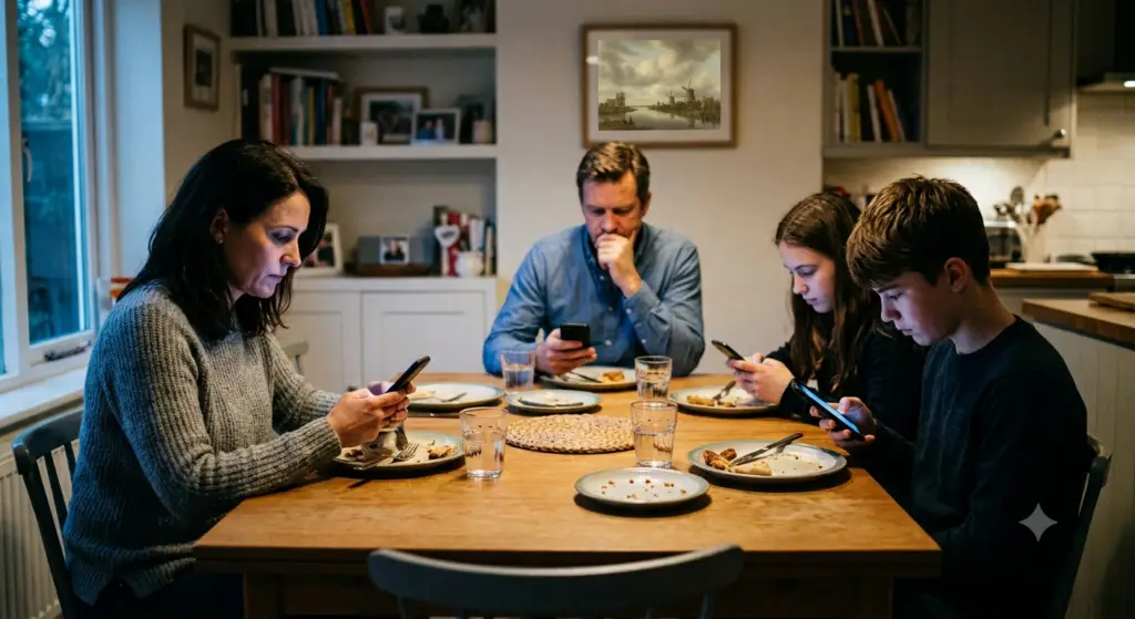 A family sitting around a dinner table together, each looking down at their individual smartphones instead of interacting.