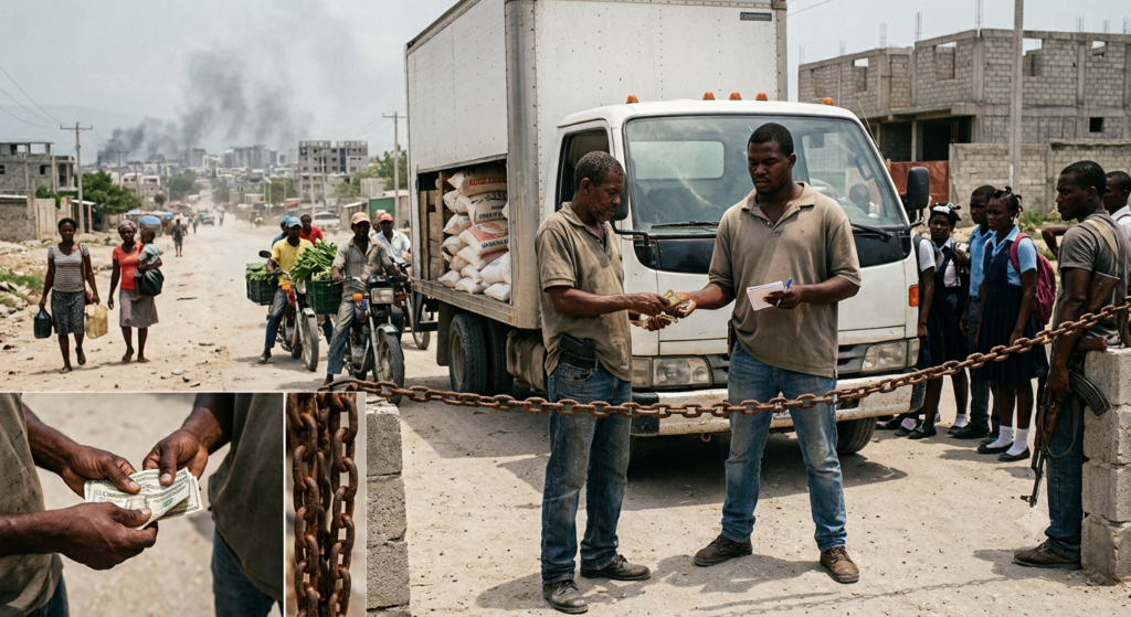 A Haitian truck driver paying cash to a man at a gang-controlled street checkpoint with a chain barrier and a 'PASAGE $2000' sign.