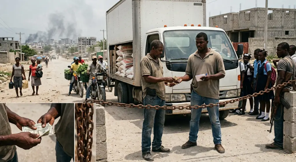 A Haitian truck driver paying cash to a man at a gang-controlled street checkpoint with a chain barrier and a 'PASAGE $2000' sign.