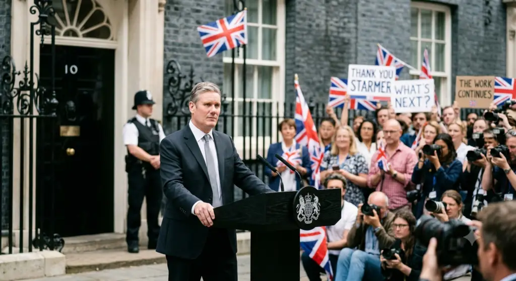 Keir Starmer giving his resignation speech at a podium outside 10 Downing Street surrounded by press and crowd with British flags