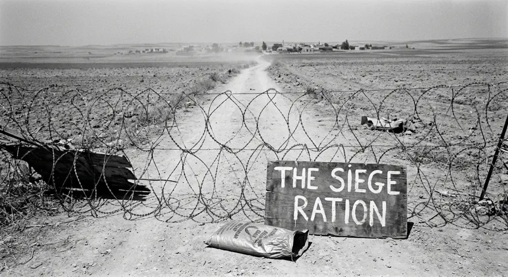 A dusty rural road blocked by razor wire fence and a wooden sign, symbolizing man-made famine, siege, and human responsibility.