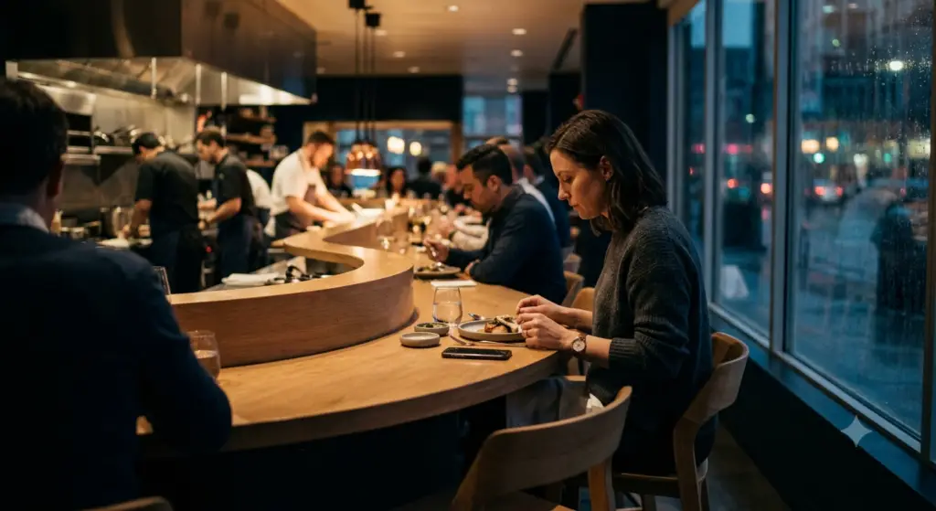 A solo diner sitting at a modern curved restaurant counter facing the open kitchen, reflecting the growing trend of eating alone.