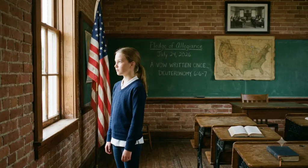 A young student standing in a classic classroom next to an American flag, looking thoughtfully out the window during the Pledge of Allegiance.