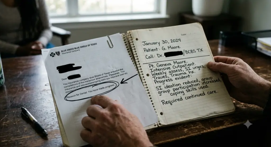 A therapist's handwritten spiral notebook with patient notes placed next to an insurance denial letter stating 'You have made progress'.
