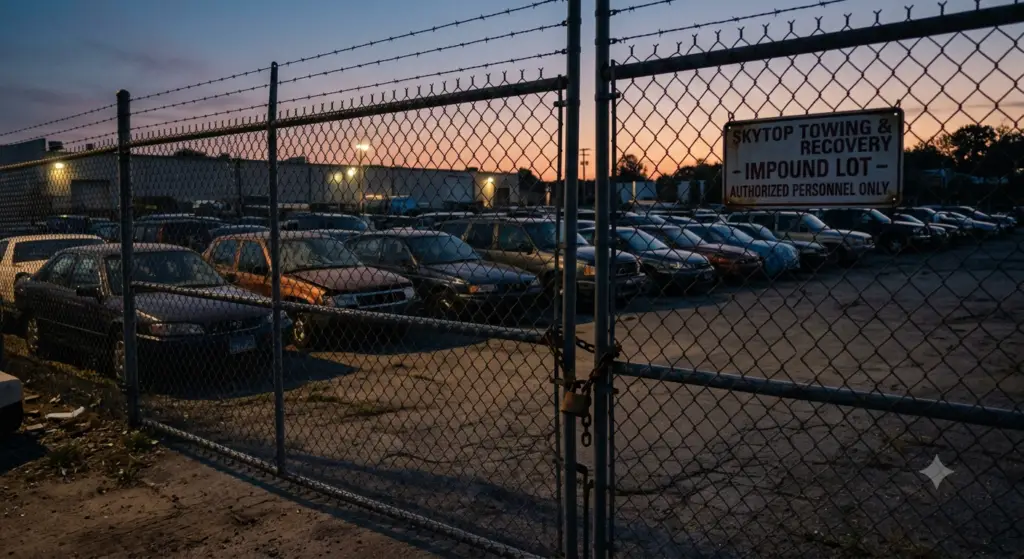 A padlocked chain-link fence of a car impound lot at dusk, filled with seized vehicles, illustrating systemic debt and financial hardship.