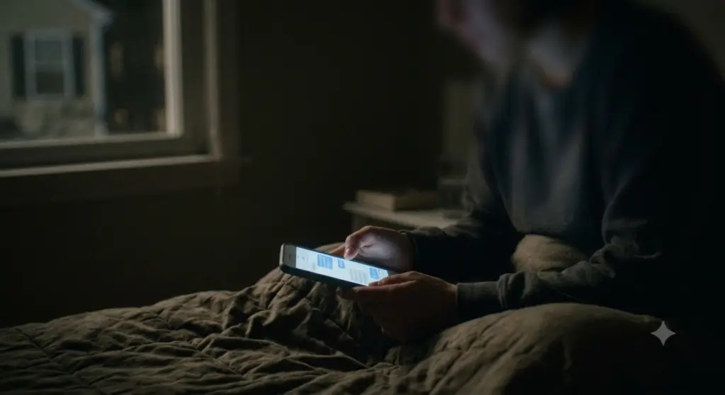 Close-up of hands holding a glowing smartphone screen in a dark bedroom late at night, reflecting grief and loneliness