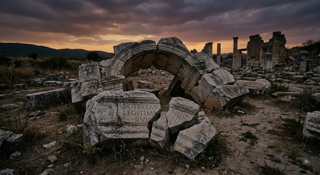 A fragmented ancient stone archway and cracked ruins set against a stormy dusk sky, symbolizing institutional collapse and the political themes in the Book of Judges.