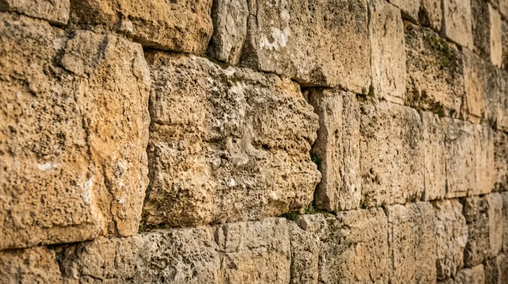 Close-up view of a rough, weathered ancient limestone city wall with natural moss in the crevices under warm sunlight