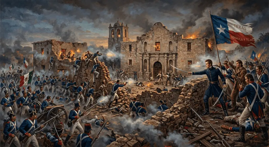 Historical painting depicting Lieutenant Colonel William Barret Travis leading Texian defenders at the Battle of the Alamo in 1836.
