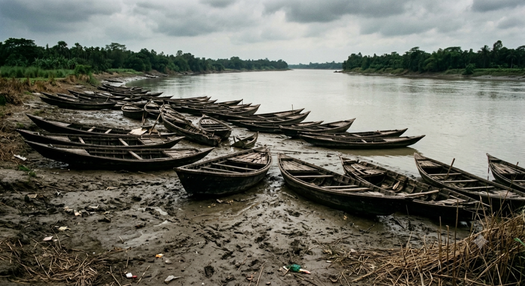 Dozens of traditional wooden fishing boats lie abandoned on a muddy riverbank in Bengal, reflecting the WWII-era British denial policy that led to the 1943 famine.