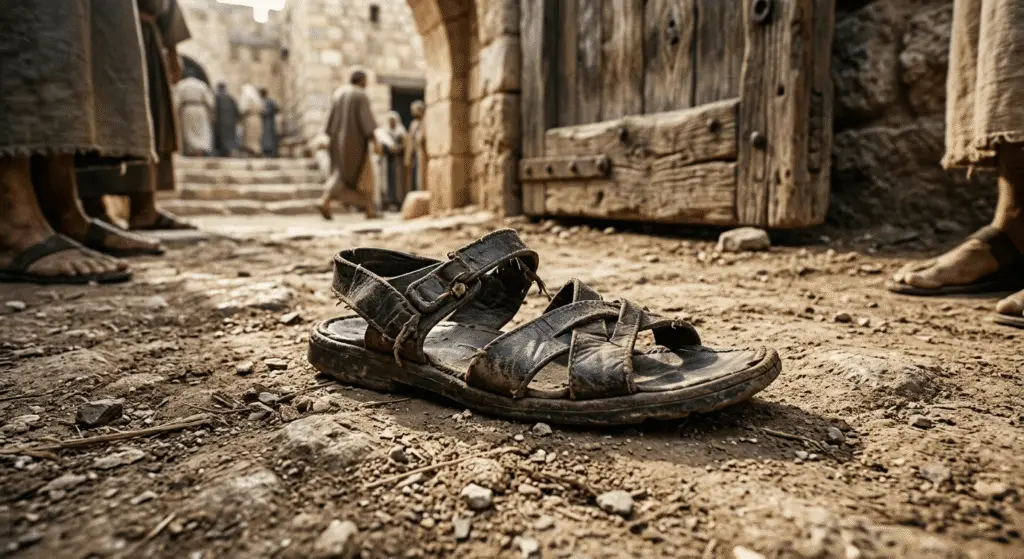 A close-up photograph of a worn leather sandal resting on the dusty ground at an ancient Israelite city gate, with blurred figures in biblical attire witnessing a transaction. Highlighting the exchange of ownership based on the Book of Ruth.