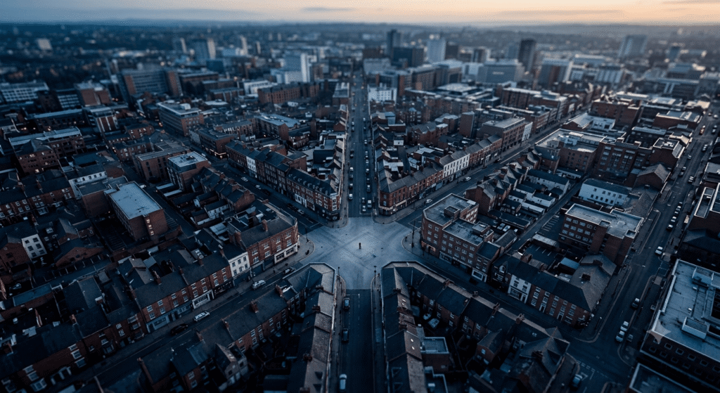 High-angle aerial shot of a quiet Birmingham street junction at dawn, showing a solitary person standing small amidst vast city blocks.