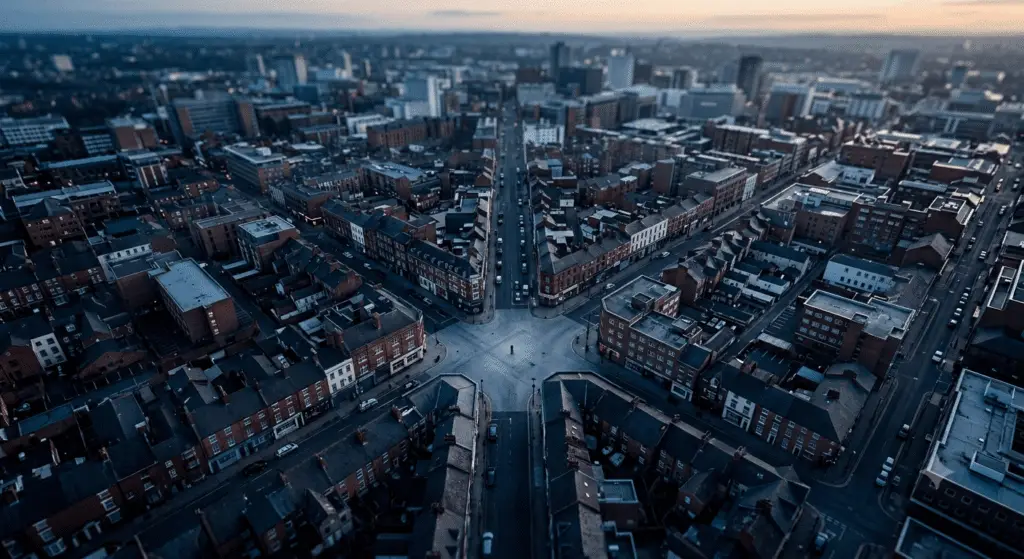 High-angle aerial shot of a quiet Birmingham street junction at dawn, showing a solitary person standing small amidst vast city blocks.