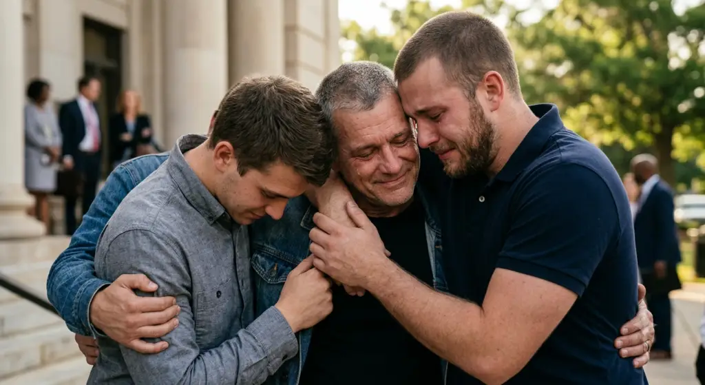 Exonerated father Brandon Pugh shares emotional hug with adult sons on courthouse steps.