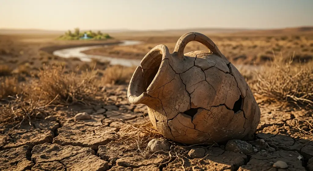 A broken, cracked earthenware water jar sits abandoned on parched, cracked earth in a vast desert landscape. A dry riverbed leads to a small, lush green oasis in the distance under a golden sky. The image symbolizes failure and desolation.