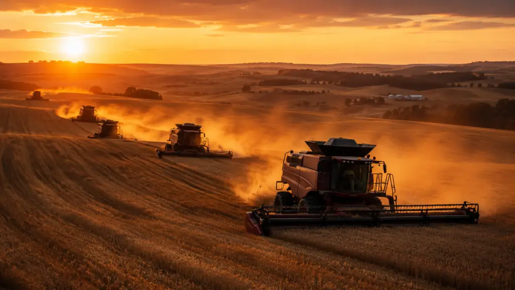 Multiple combine harvesters working in a wheat field during golden hour sunset