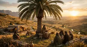 Prophetess Deborah sitting under a palm tree on a golden light hillside in Ephraim, judging the people of Israel.