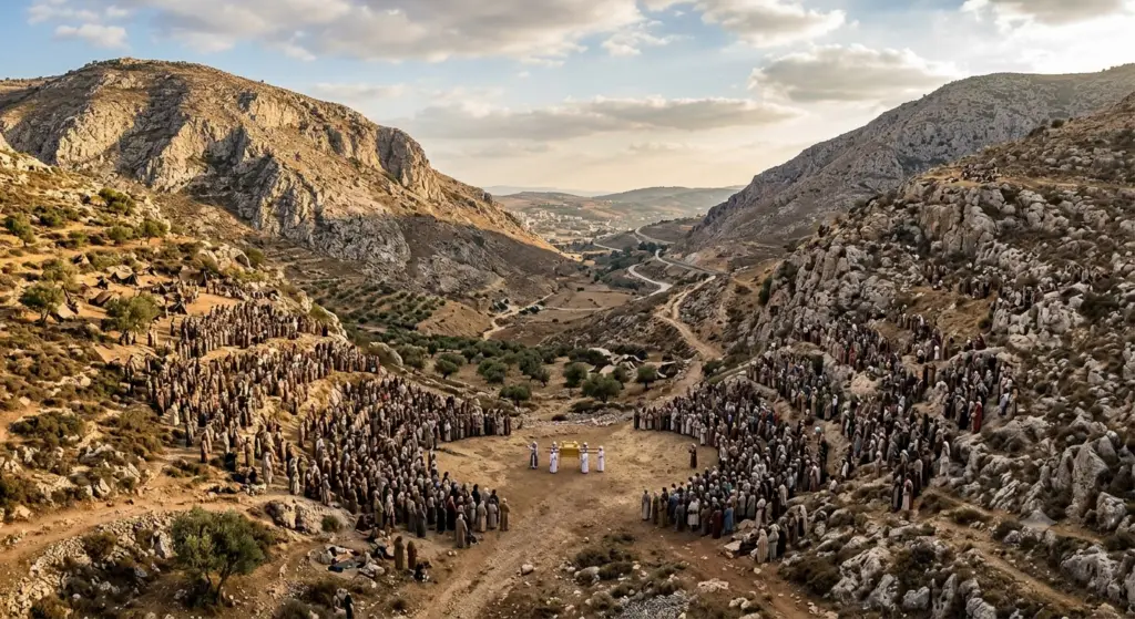 A high-angle view of two Israelite assemblies standing on opposite mountain slopes of Mount Gerizim and Mount Ebal, facing a central valley for the biblical covenant ceremony in Deuteronomy.