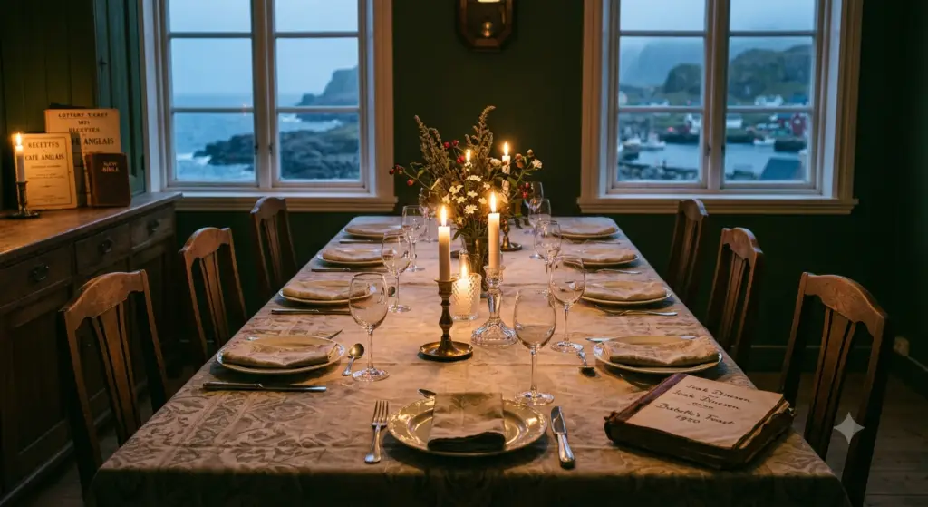 A long wooden dining table set with fine dinnerware and glowing candles surrounded by empty wooden chairs in a warm, inviting room.