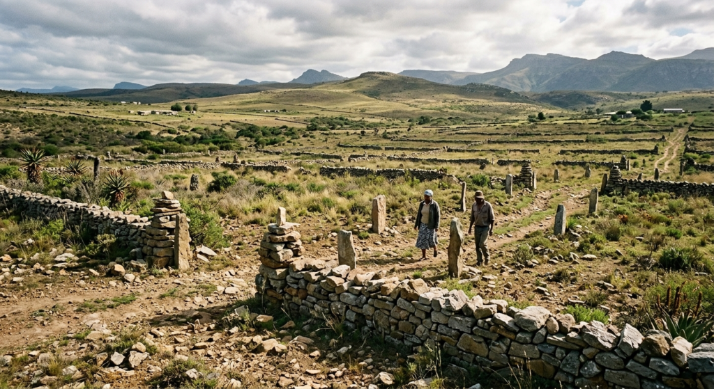 Landholders walking through a arid landscape divided by traditional dry stone boundary markers and walls in the Eastern Cape, symbolizing the complexities of South African land reform.