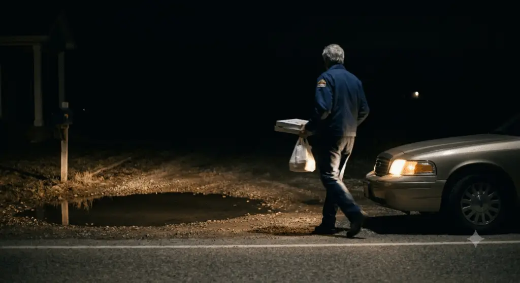 An elderly male delivery driver holding pizza boxes and a bag at night, illuminated only by the warm glow of his car headlights on a dark suburban driveway.