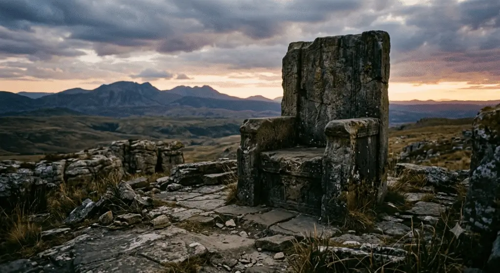 An empty, weathered ancient stone throne sits on a rocky mountain summit, overlooking a scenic valley during a dramatic, cloudy sunset.