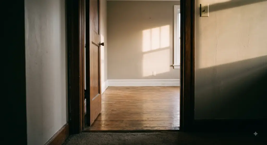 Unoccupied apartment with hardwood floors and morning sunbeams shining through a window