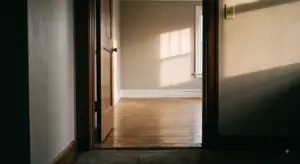 Unoccupied apartment with hardwood floors and morning sunbeams shining through a window