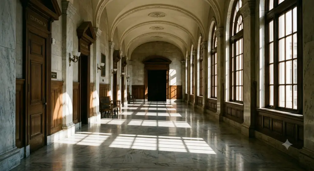 Sunlight streaming through tall windows into an empty historical courthouse hallway with marble floors and wooden doors.