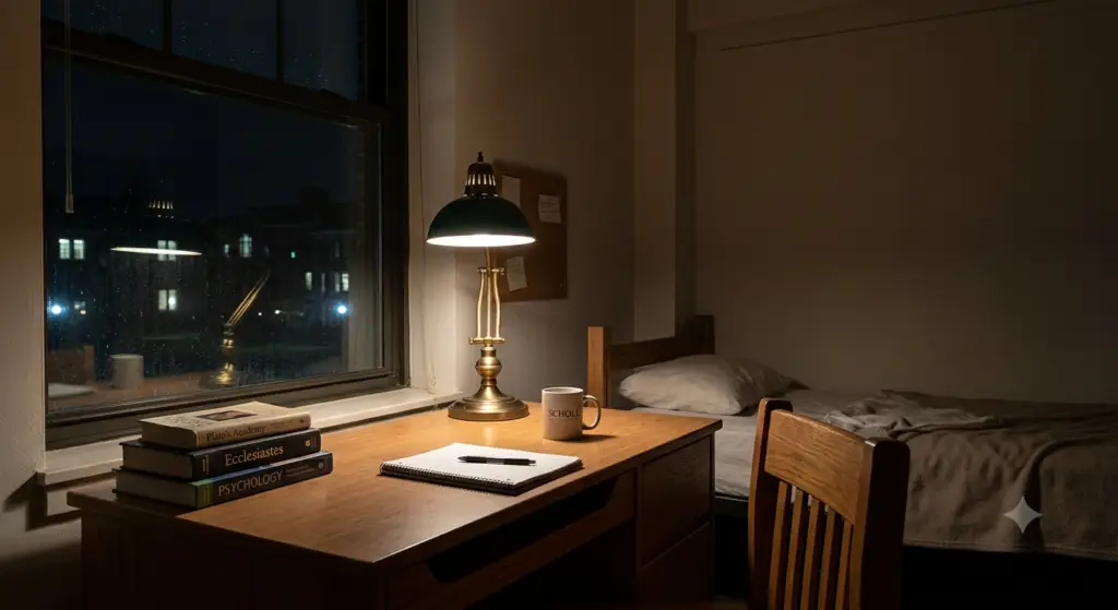 An empty college dorm room desk lit by a single lamp at night, symbolizing student pressure and achievement culture.