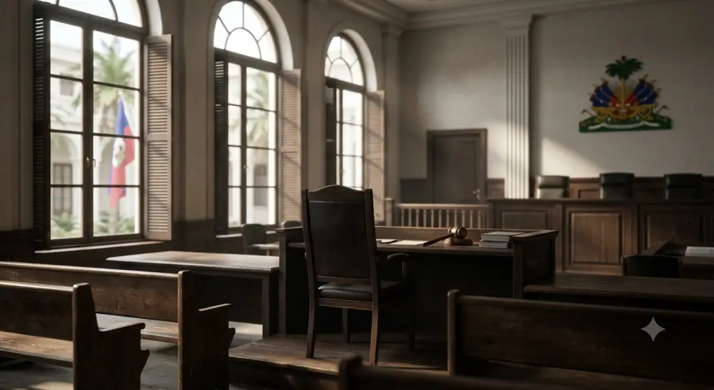 An empty Haitian courtroom with a solitary gavel and a view of the Haitian flag.