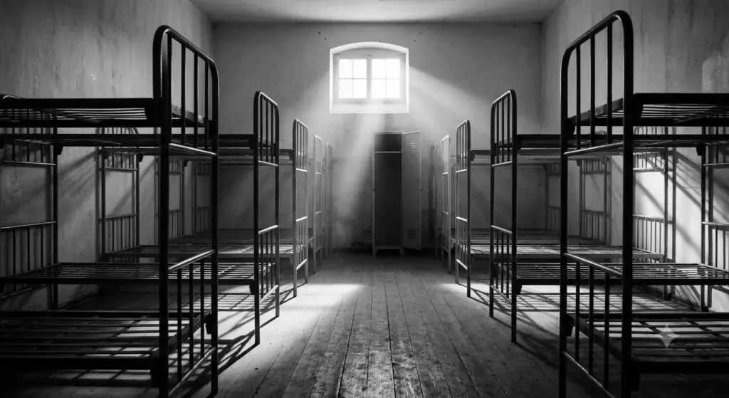 Dramatic light streaming through a window into an empty military barracks room with vacant bunk beds, symbolizing veteran isolation and structural loss after discharge.