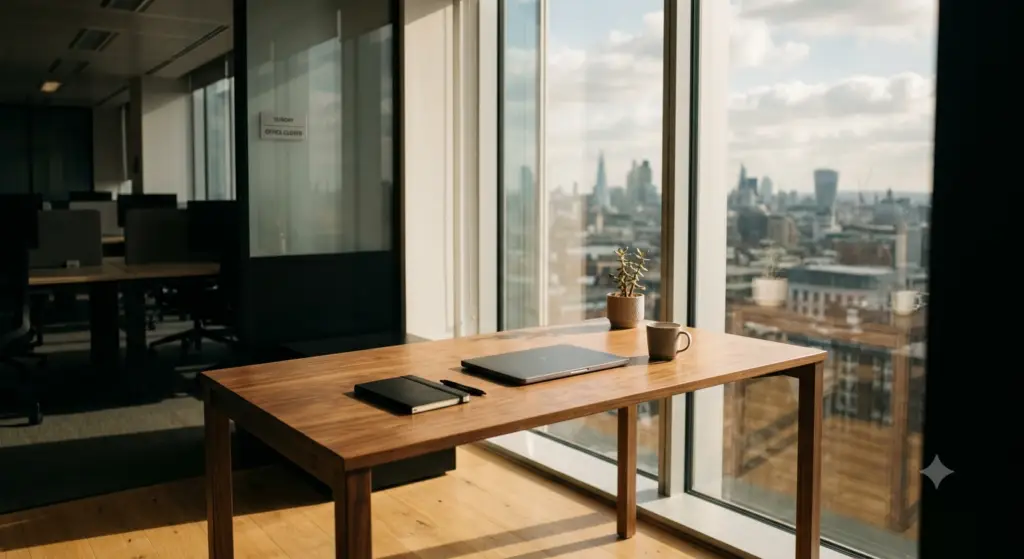 An empty wooden office desk next to a window illuminated by soft Sunday sunlight