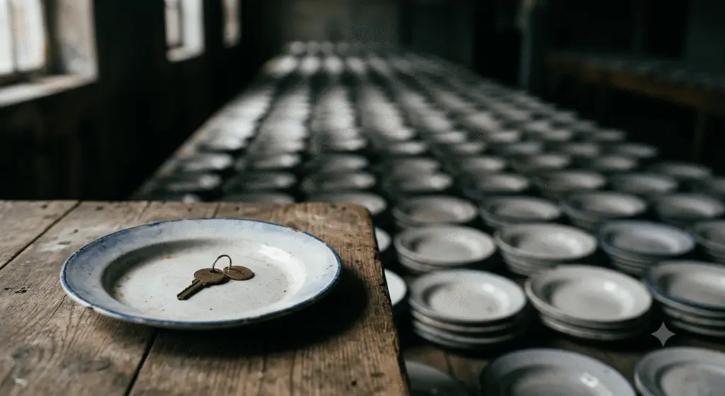 A close-up photograph of a vintage enamel plate with blue trim resting on a rustic wooden table, featuring a single brass key placed prominently in its center. The background is a dimly lit room with rows of countless, empty plates stretching into the distance. This image symbolizes waiting, a solution to a problem, or a solitary hope amidst a vast and empty reality.