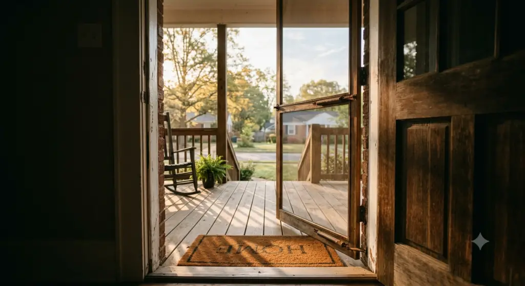 An open front door looking out onto an empty wooden porch illuminated by soft morning sunlight, symbolizing waiting, loss, and forgiveness.