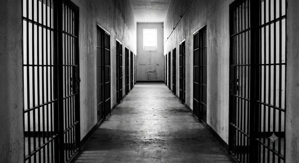A bleak, black and white photograph looking down a long, deserted prison corridor lined with iron-barred cells.