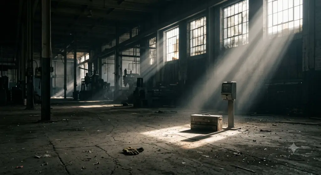 Sunlight streaming through dusty industrial windows onto an empty Rust Belt factory floor with an abandoned glove, representing job loss and deaths of despair.