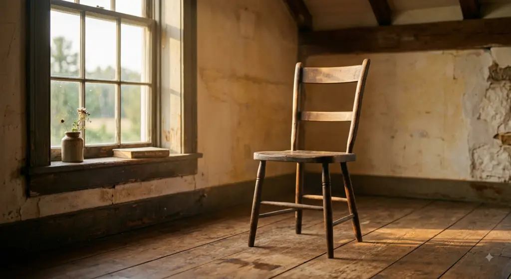 A weathered empty wooden chair lit by warm golden hour sunlight streaming through a rustic window in an old room, reflecting theme of absence, endurance, and quiet return.