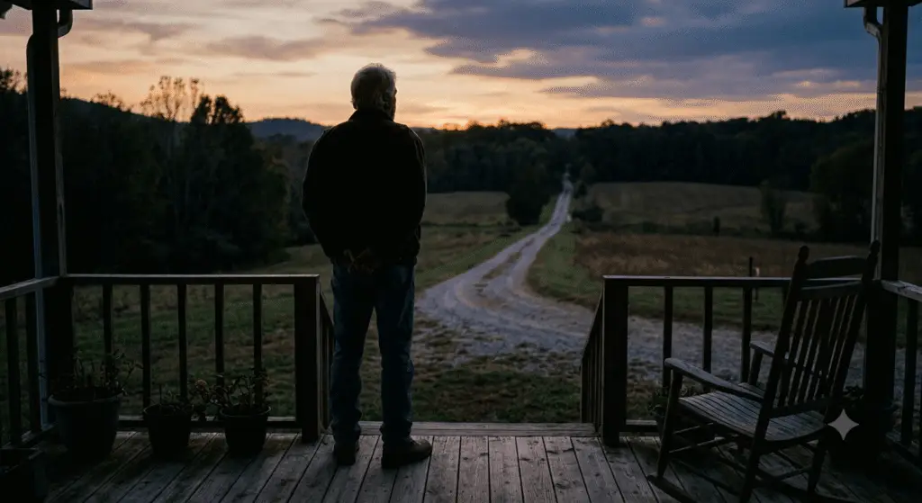 Silhouette of an elderly father standing on a farmhouse porch, looking down a long, winding road at sunset, symbolizing longing and family waiting.