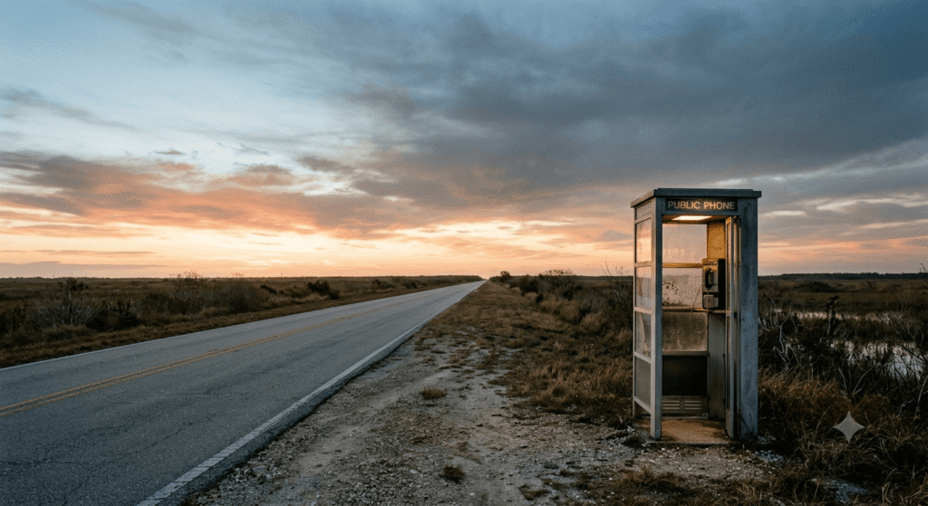 An illuminated vintage public phone booth sitting on a deserted Florida highway shoulder at dawn, symbolizing forgiveness before justice.