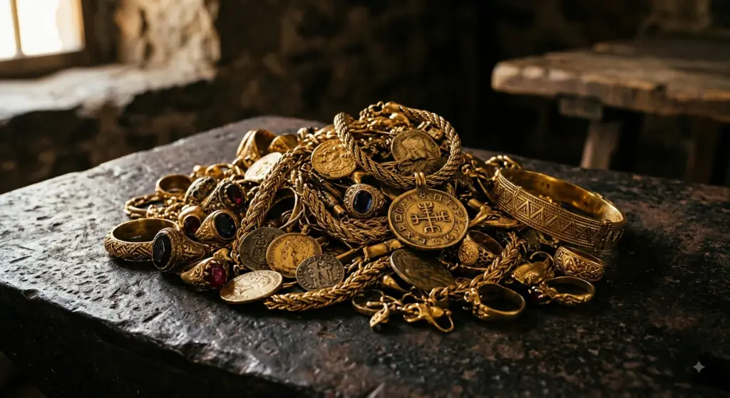 A pile of ancient gold earrings, rings, and coins plunder resting on a dark rustic stone table