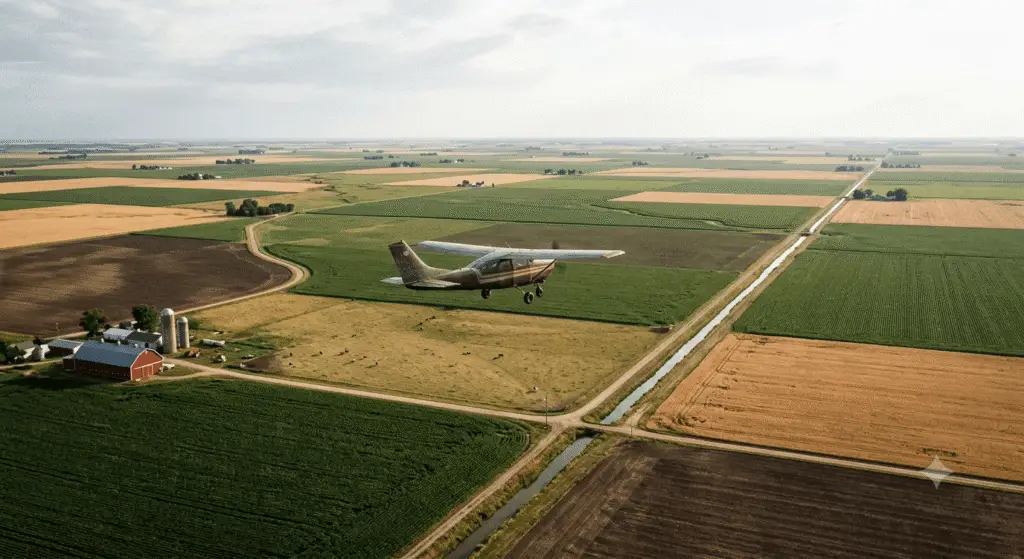 Small aircraft flying low over patchwork farmland fields, symbolizing the biblical concept of giving when you have little and leaving the edges of the field.