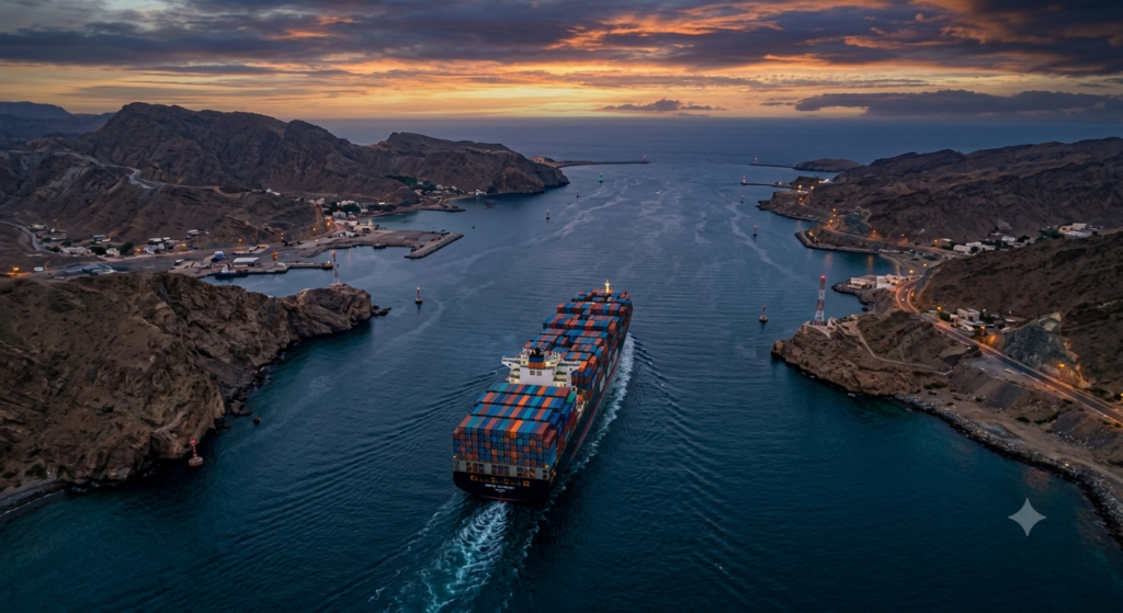 Aerial view of a massive container cargo ship navigating a marked maritime boundary in a narrow ocean strait at sunset, representing the geopolitical and contractual nature of passage.