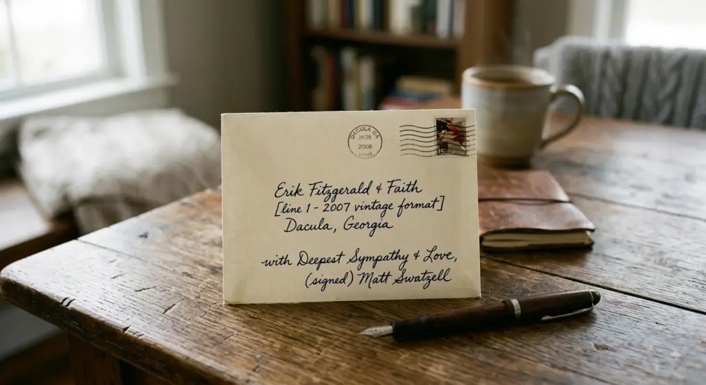 Handwritten sympathy card envelope addressed to Erik Fitzgerald resting on a rustic wooden table beside a fountain pen and coffee mug.