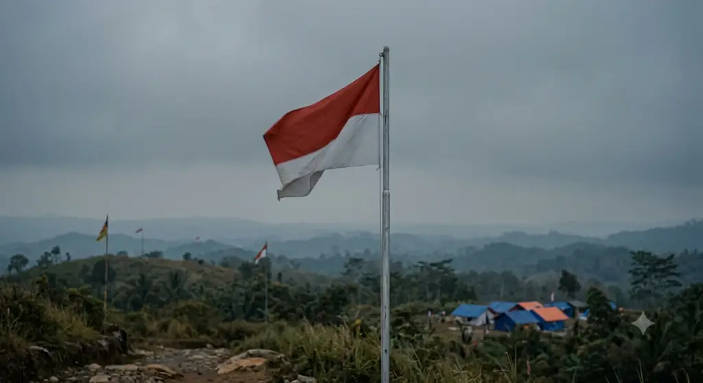 Close-up of Indonesian national flag waving on a pole with earthquake relief tents and misty hills under a grey sky.